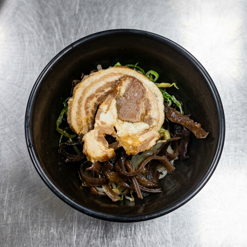Eine schwarze Schüssel mit einer Scheibe Chashu-Schweinefleisch, dunklem geschnittenem Seetang und frischen Bohnensprossen.