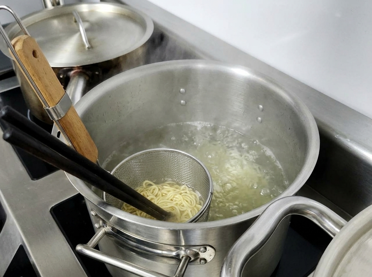 Ramen-Nudeln kochen in einem zylindrischen Metallsieb, das in einen großen Topf mit sprudelndem Wasser getaucht ist.