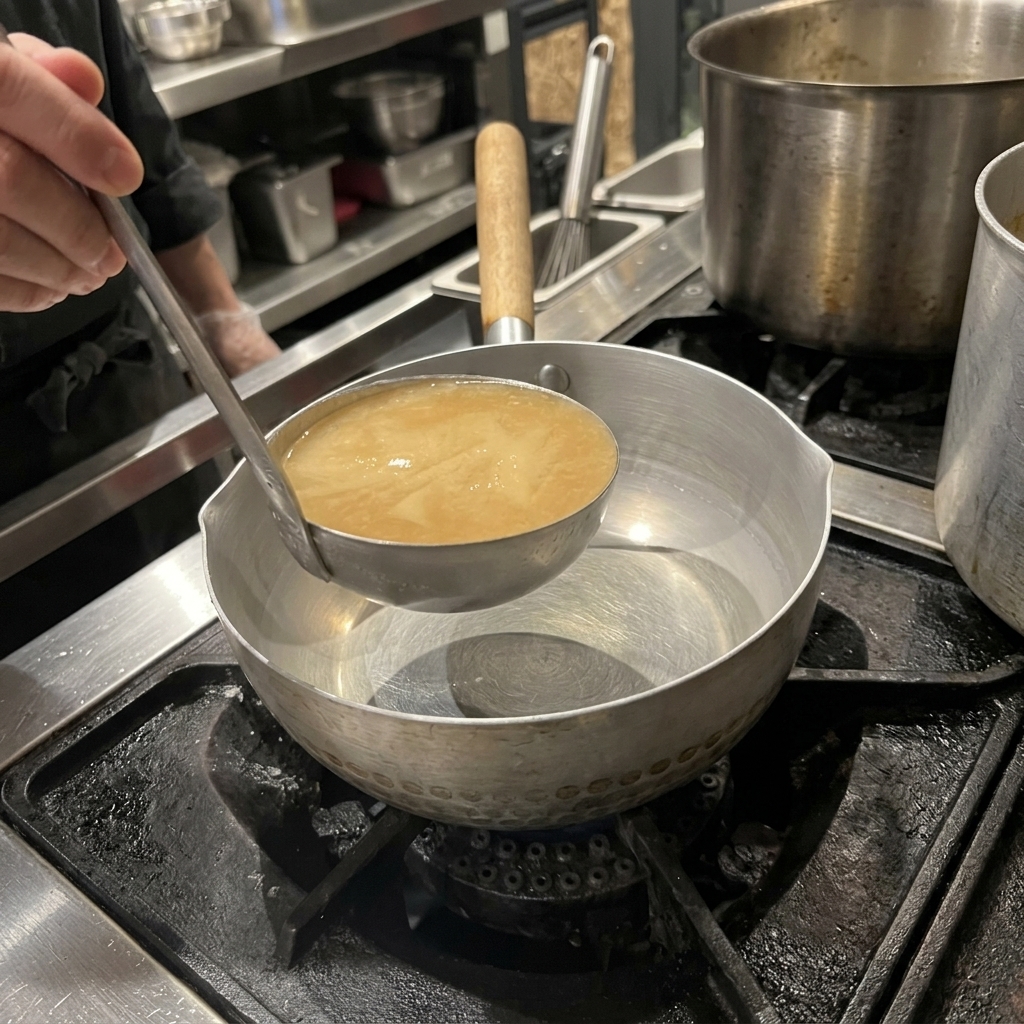 Eine Schöpfkelle gießt trübe Schweineknochenbrühe in einen kleinen Stieltopf auf dem Herd.