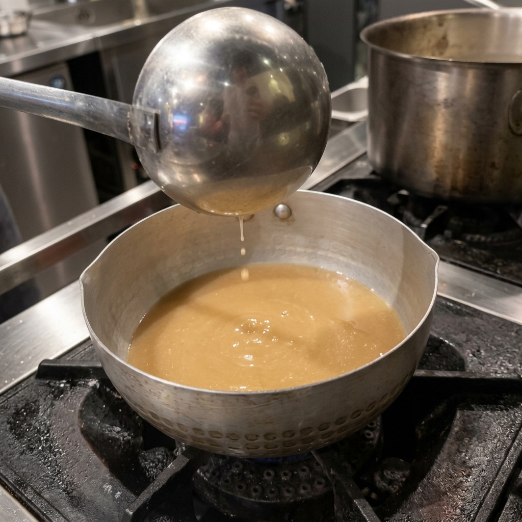 Eine Metallkelle gießt dunkle Würzsauce in die dampfende Brühe.