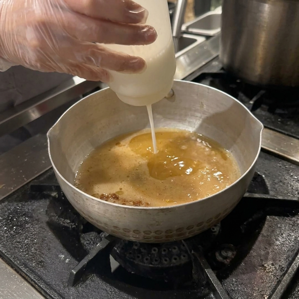 Eine Hand drückt eine weiße Emulsion aus einer Flasche in die Ramen-Brühe.