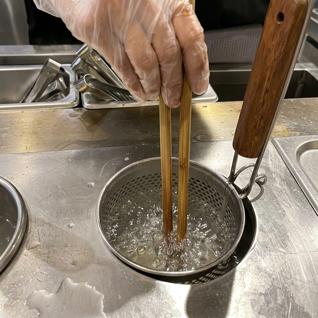 Holzstäbchen lockern Nudeln in einem Siebkorb in kochendem Wasser auf.