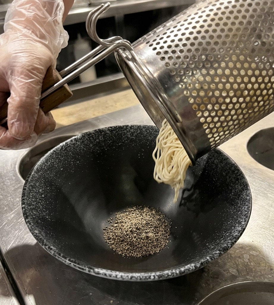 Gekochte Ramen-Nudeln werden aus dem Sieb in eine schwarze Schale gegeben.