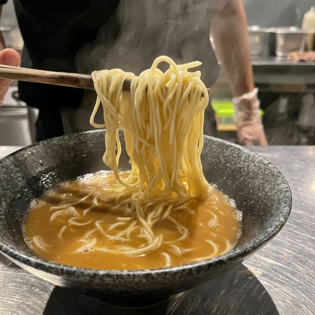 Stäbchen heben und falten die Nudeln dekorativ in der Suppe.