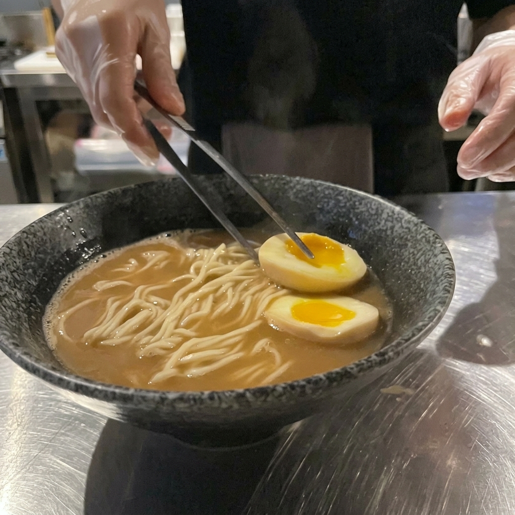 Eine Zange legt ein halbiertes Ei mit flüssigem Dotter auf die Ramen.