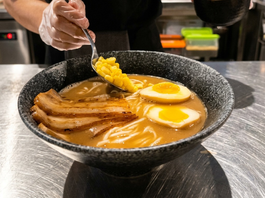 Ein Löffel gibt gelben Mais in die dampfende Ramen-Schüssel.