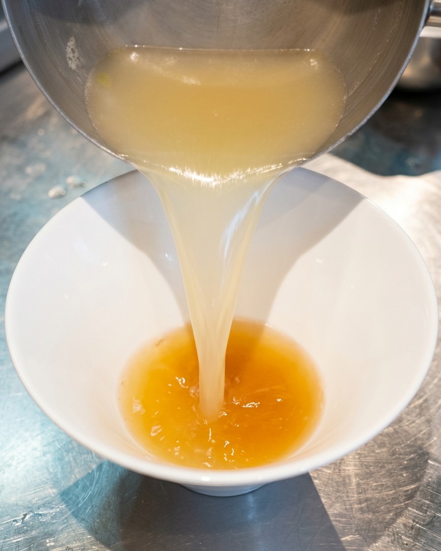 Dampfende, klare Hühnerbrühe wird in eine Schüssel gegossen und vermischt sich mit der goldenen Tare.
