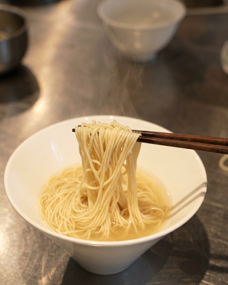Stäbchen heben ein Bündel Ramen-Nudeln in der klaren Brühe an, um sie ordentlich zu falten.