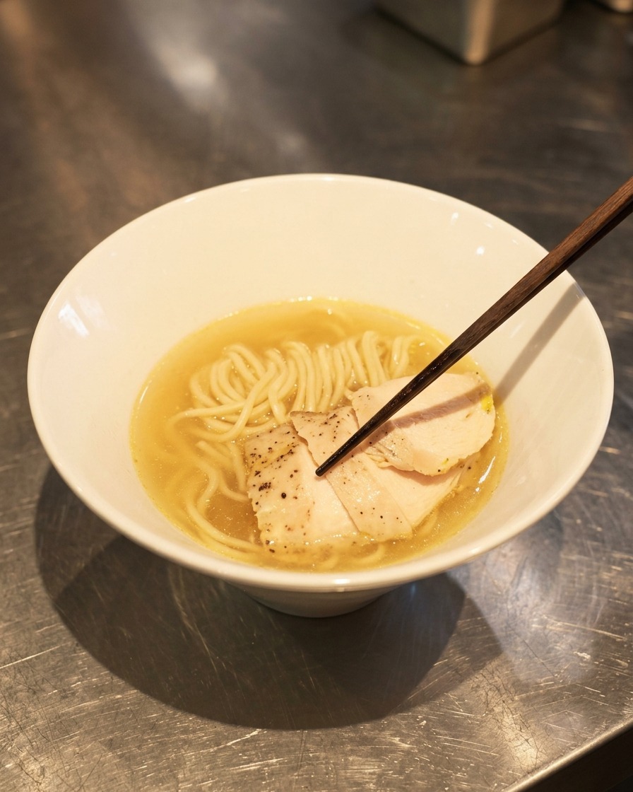 Stäbchen legen dünne Scheiben Hähnchen-Chashu auf die Ramen-Nudeln in der bernsteinfarbenen Suppe.