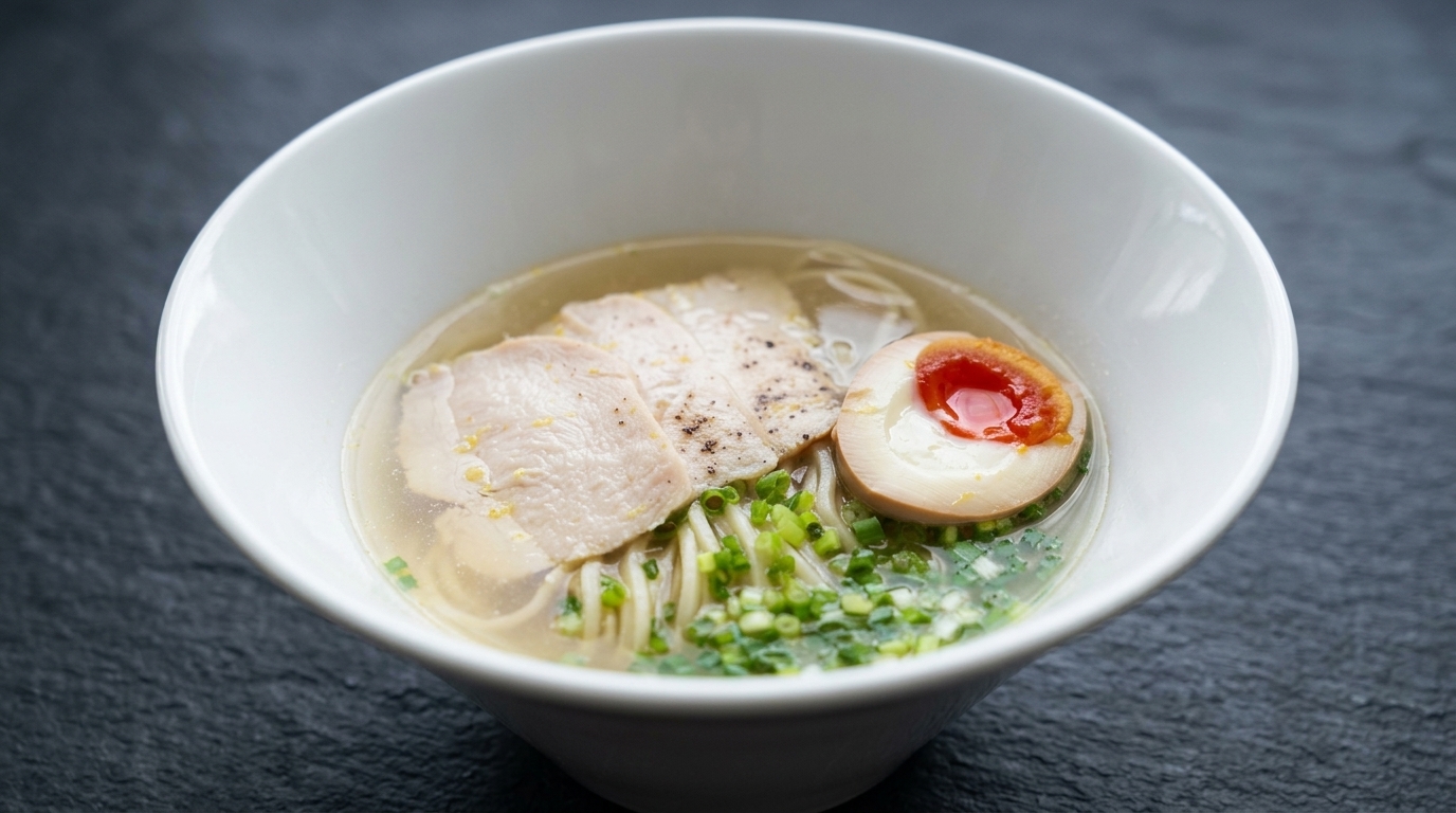 Eine Schüssel Chicken Shio Ramen mit klarer goldener Brühe, geraden Nudeln, dünnem Hähnchen-Chashu und einem marinierten Ei.
