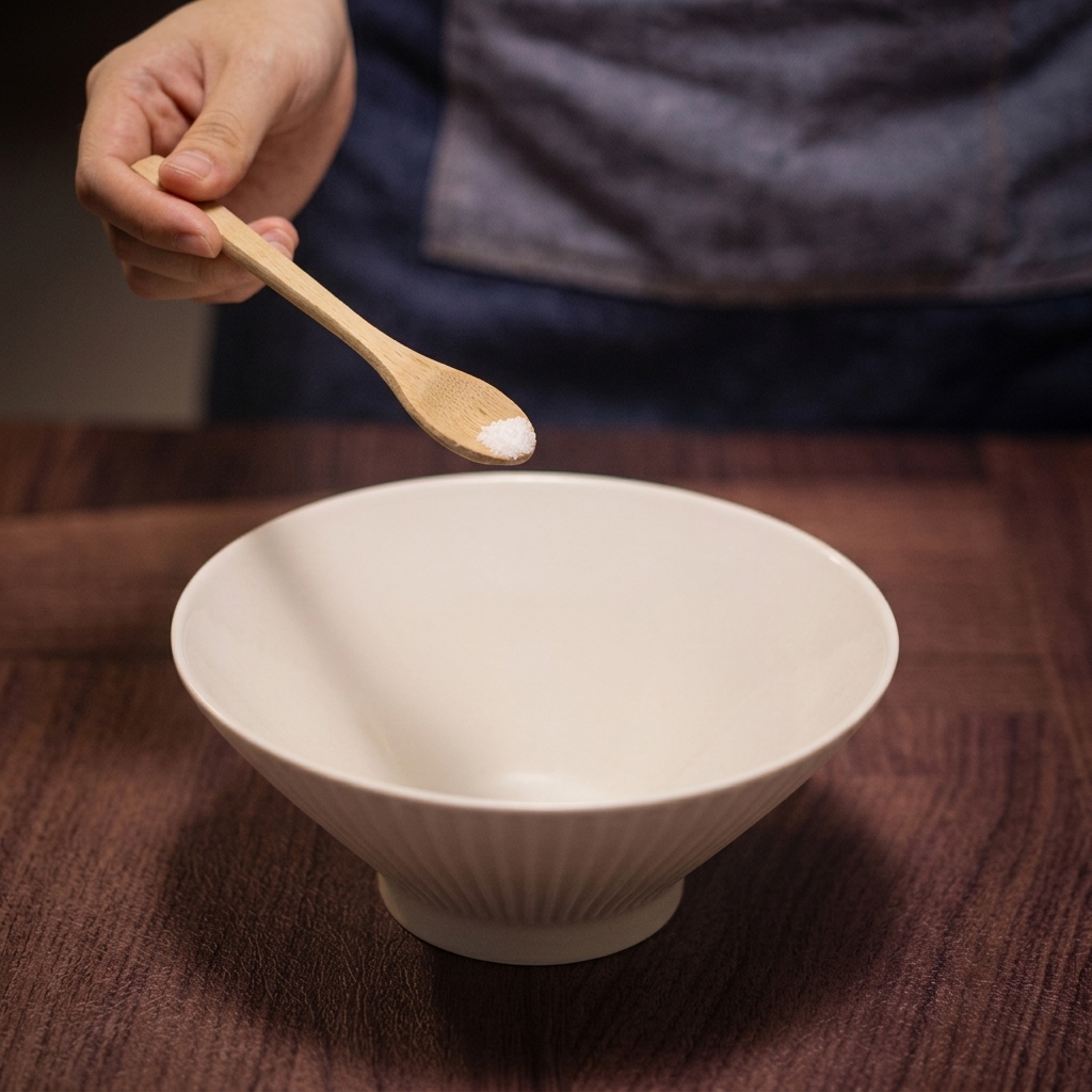 Ein kleiner Holzlöffel hält weißes Meersalz über eine leere, weiße Ramen-Schüssel aus Keramik.