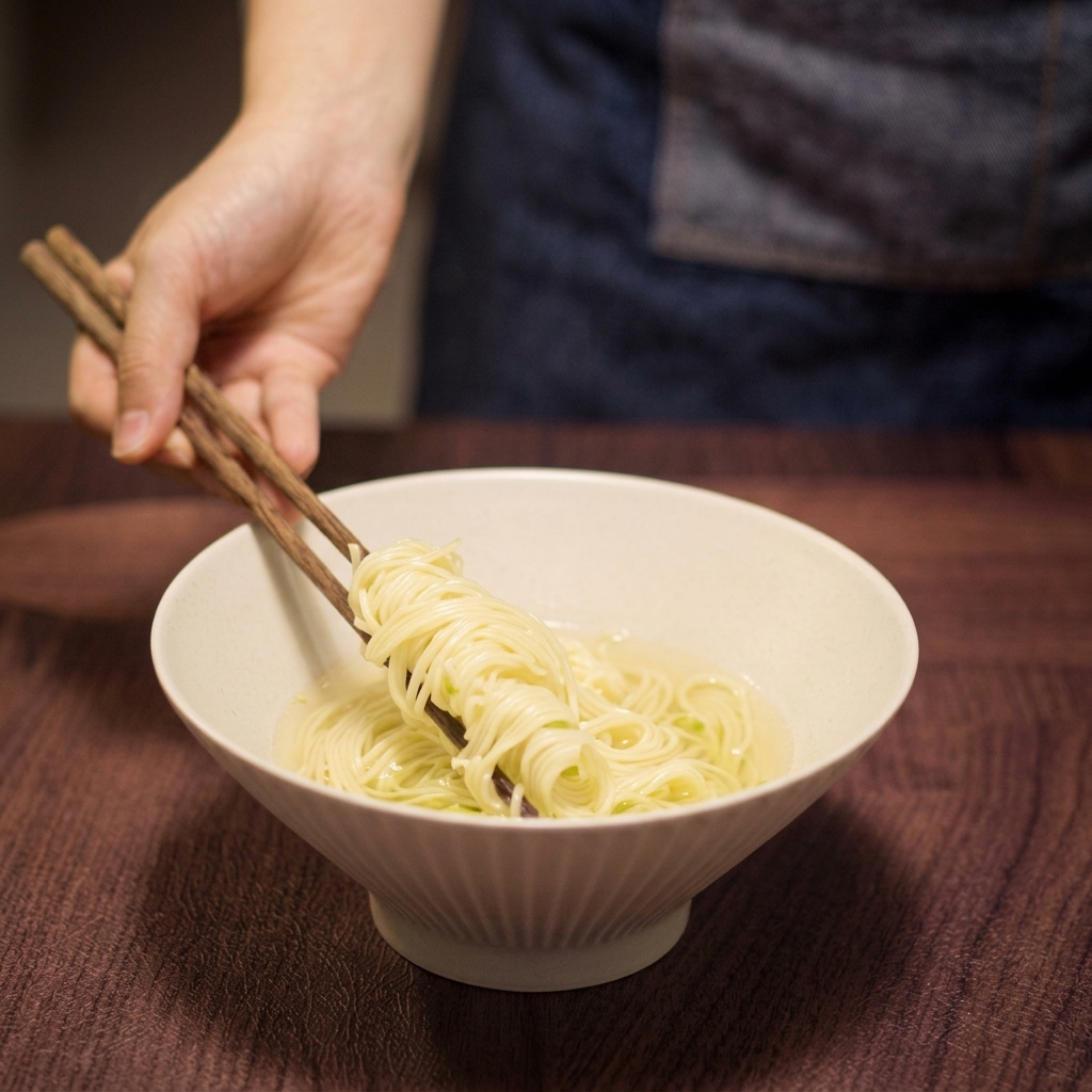 Ein Paar Essstäbchen aus Holz legt gelbe Ramen-Nudeln in eine Schüssel mit klarer Suppe.