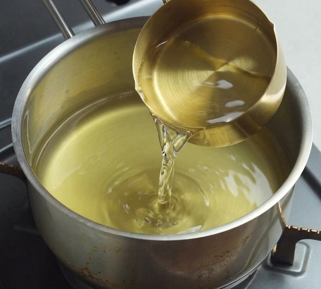 Klares Wasser wird aus einem Messbecher in einen Topf gegossen, der bereits hellgelbe Brühe enthält.