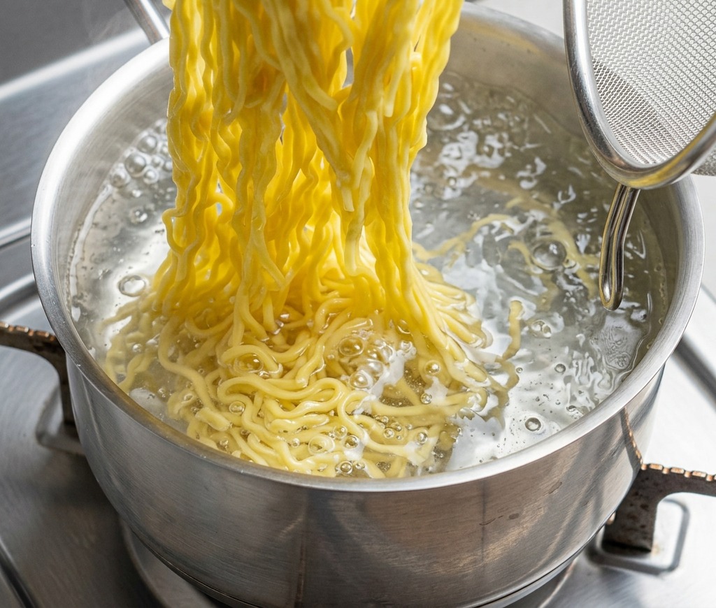 Gekochte gelbe Ramen-Nudeln werden mit einem Sieb aus einem dampfenden Topf gehoben.