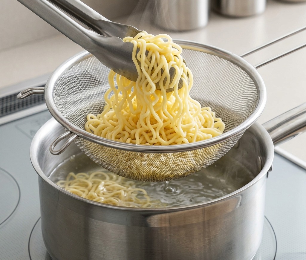 Gekochte gelbe Nudeln werden in einem Edelstahlsieb über einem dampfenden Topf geschüttelt.