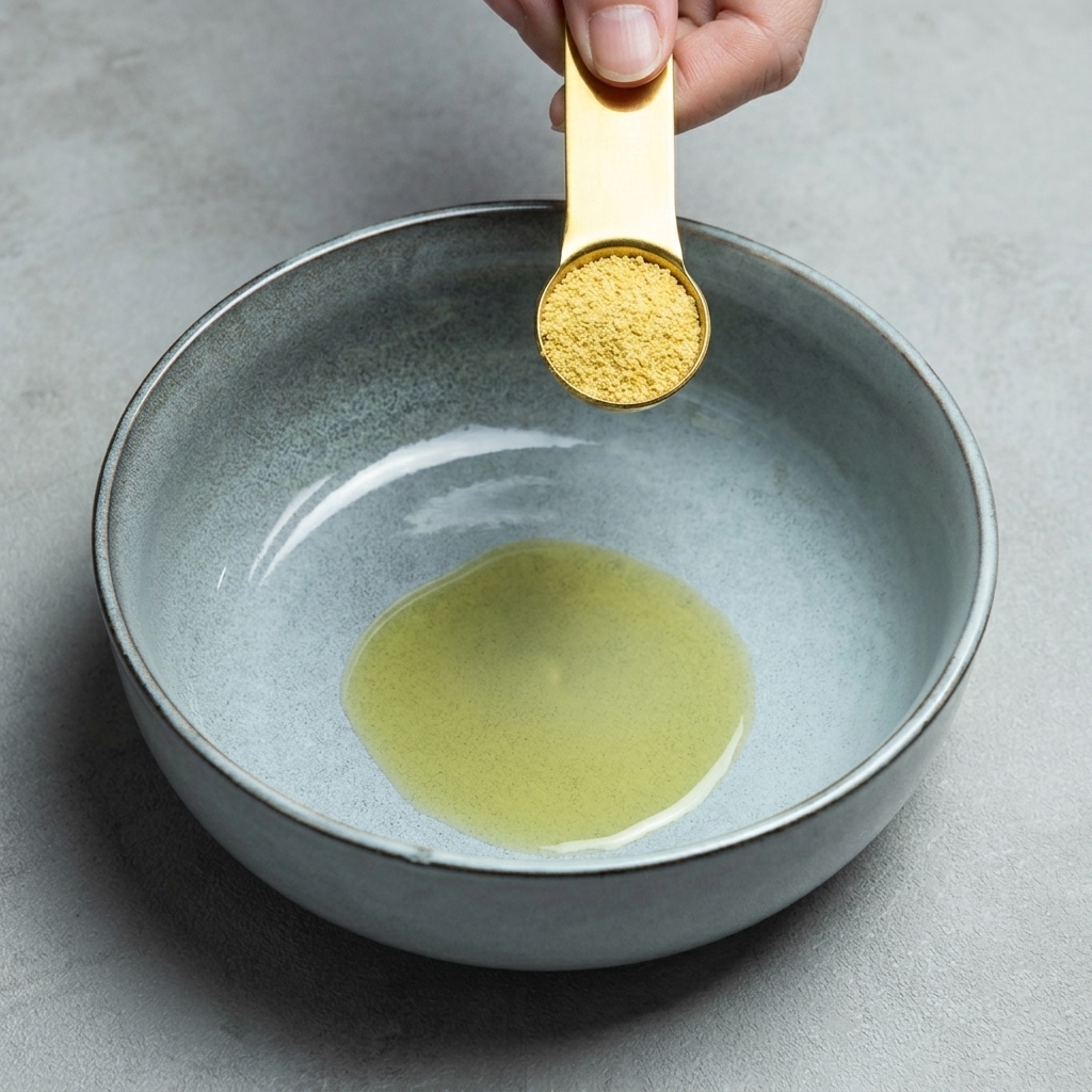 Gelbes, granuliertes Hühnerbrühe-Pulver wird auf einem goldenen Löffel über die Schale mit Sesamöl gehalten.