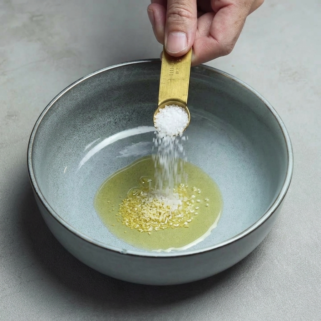 Grobkörniges weißes Salz wird aus einem kleinen goldenen Löffel in die Servierschale zu Öl und Pulver gegeben.