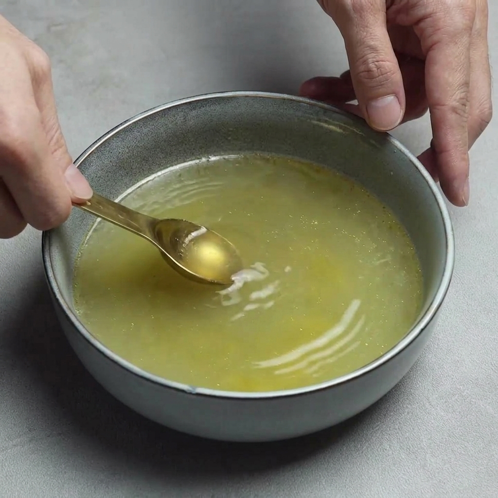 Eine Person rührt mit einem goldenen Löffel die gelbe Brühe in einer blauen Schale um, um die Gewürze zu vermengen.