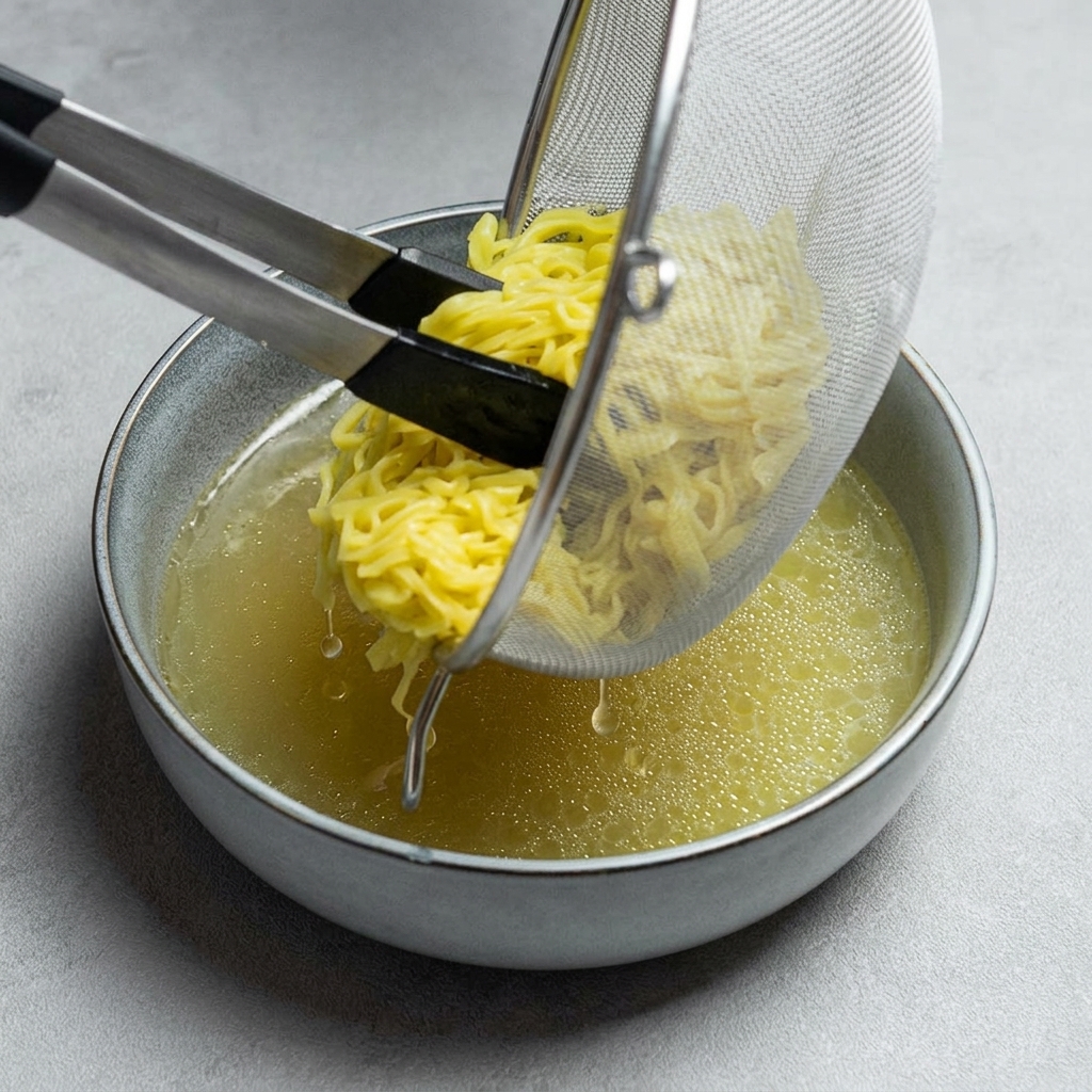 Mit einer silbernen Zange werden gekochte Ramen-Nudeln aus einem Sieb in die Schale mit goldener Brühe gegeben.