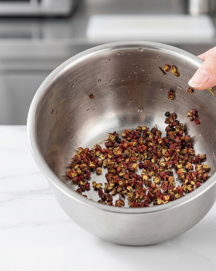 Eine Handvoll Sichuan-Pfefferkörner und getrocknete Gewürze in einer kleinen Edelstahlschüssel.