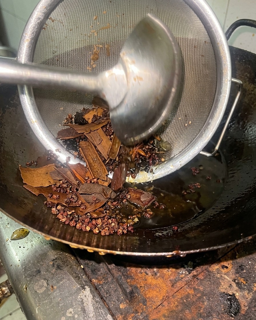 Ein Metallsieb hebt frittierte Zimtstangen, Sternanis und Pfefferkörner aus einem Wok mit aromatisiertem Öl.