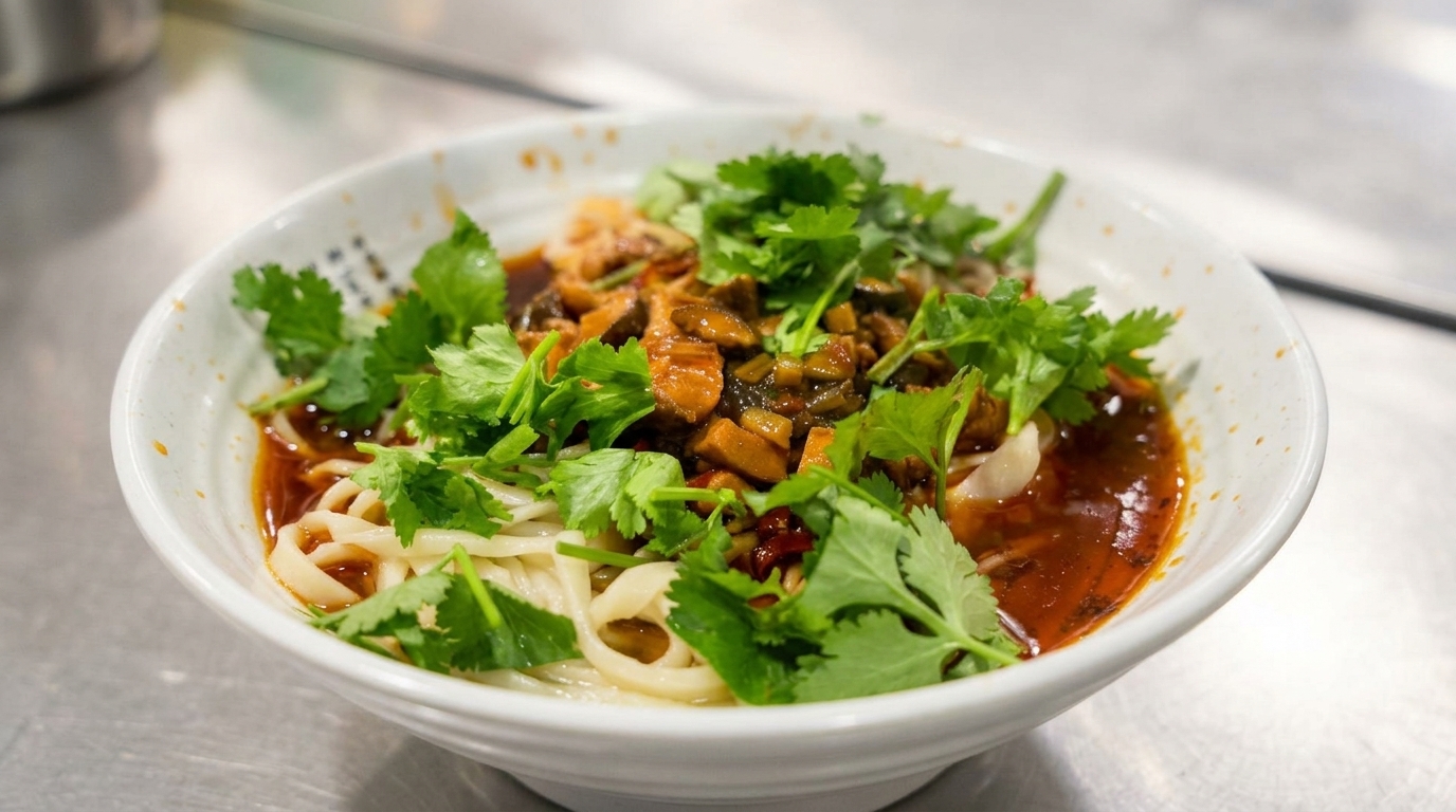 Sichuan-Nudeln mit Hähnchen-Pilz-Ragout