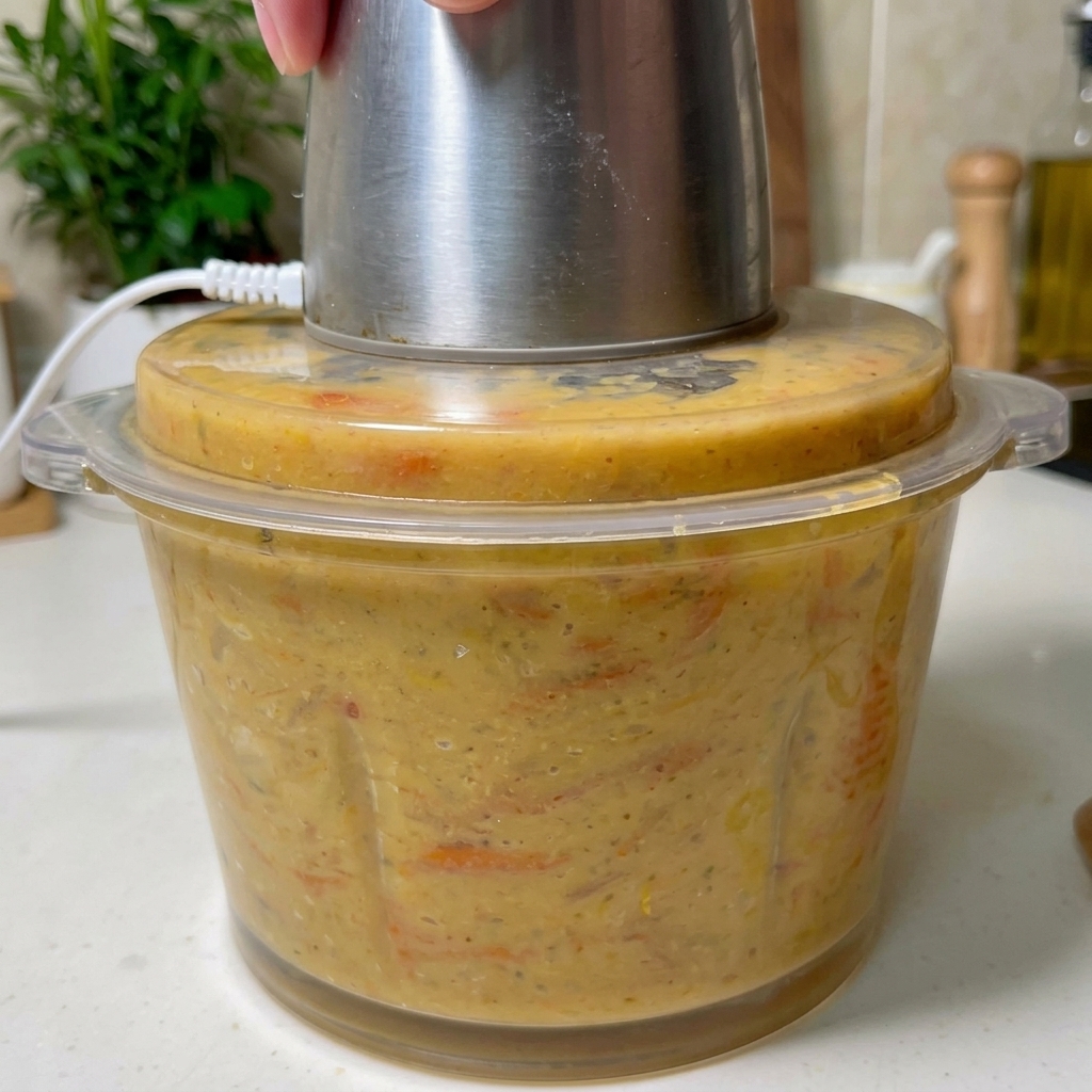 Ein Stabmixer püriert eine dicke, orangefarbene Mischung aus Garnelenschalen und Brühe in einem Behälter.