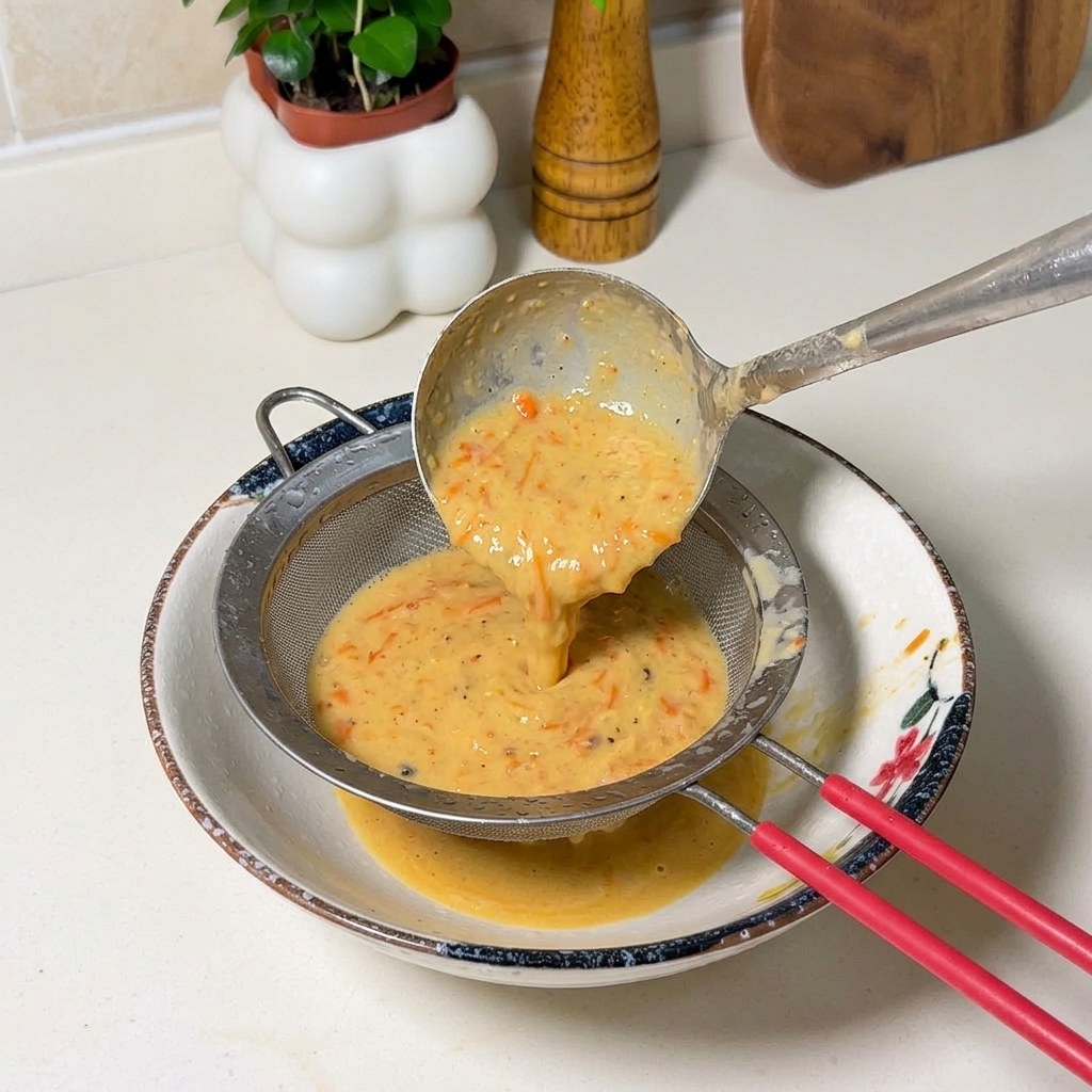 Dicke orangefarbene Garnelenbrühe wird durch ein Metallsieb in eine Keramikschüssel gestrichen.
