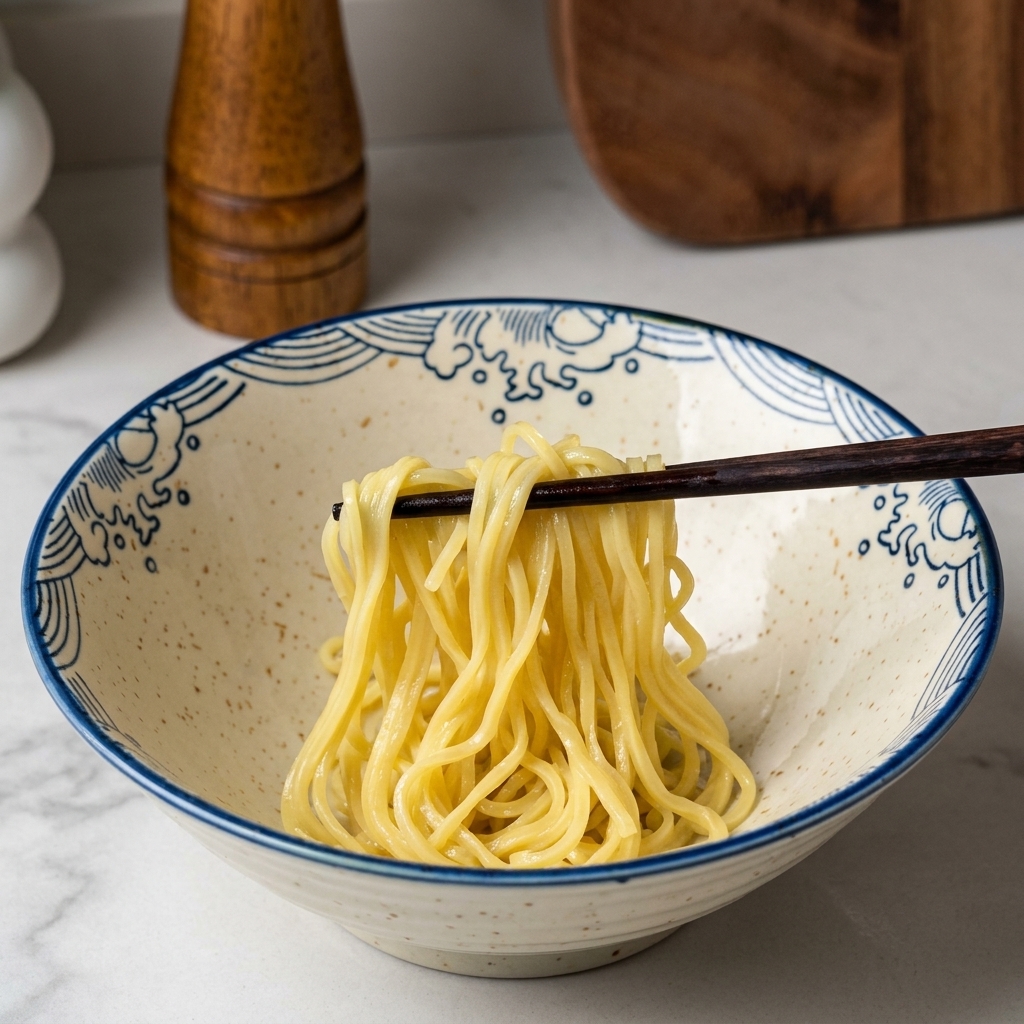 Ramen-Nudeln werden mit Stäbchen in eine cremefarbene Schüssel mit blauem Wellenmuster gelegt.
