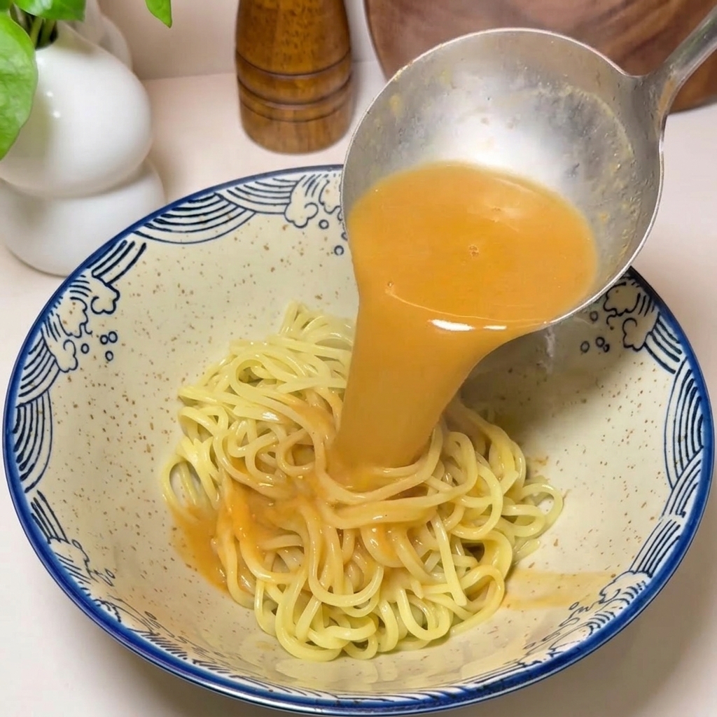 Eine Metallkelle gießt die reichhaltige, orangefarbene Garnelenbrühe über die Nudeln in der Schüssel.