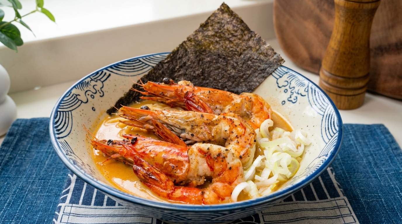 Herzhafte japanische Ebi Ramen mit intensiver Garnelenbrühe