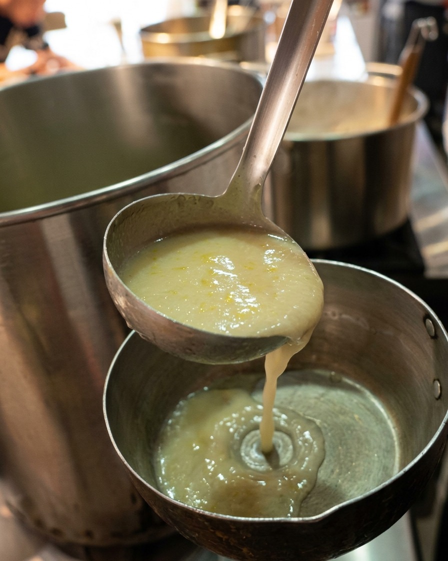 Eine Metallkelle gießt cremige gelbe Hühnerbrühe aus einem großen Topf in einen kleineren Stieltopf.