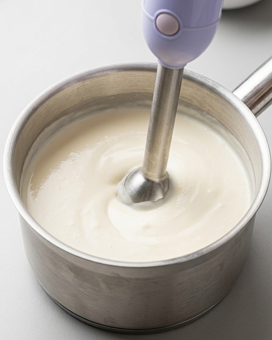 Ein Stabmixer verwandelt die gelbe Flüssigkeit in einem Topf in einen dichten, milchig-weißen Schaum.