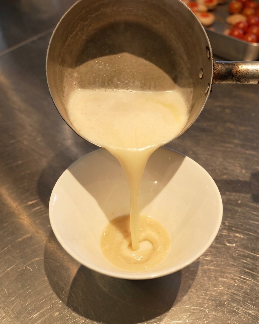 Aufgeschäumte weiße Brühe wird in eine Schüssel gegossen und vermischt sich mit der dunklen Sauce am Boden.