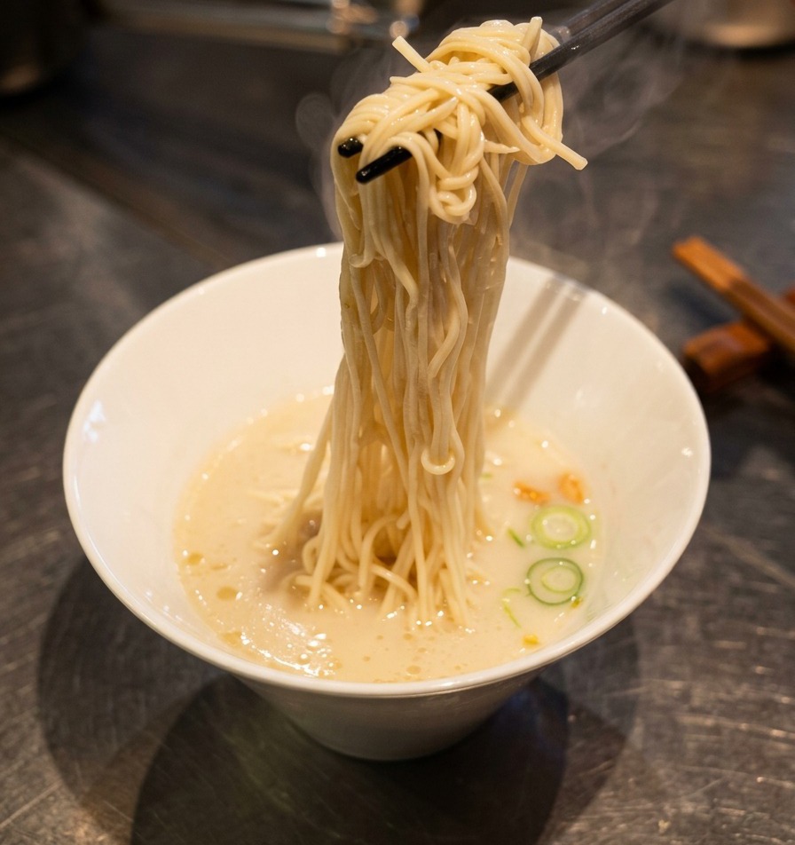 Stäbchen platzieren dünne Ramen-Nudeln in einer Schüssel mit schaumiger weißer Suppe.