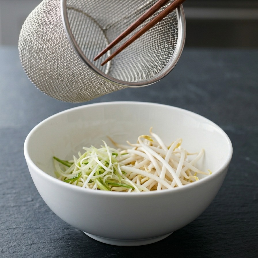 Eine Hand platziert frische Sojasprossen und geschnittenes Gemüse auf den Ramen-Nudeln.