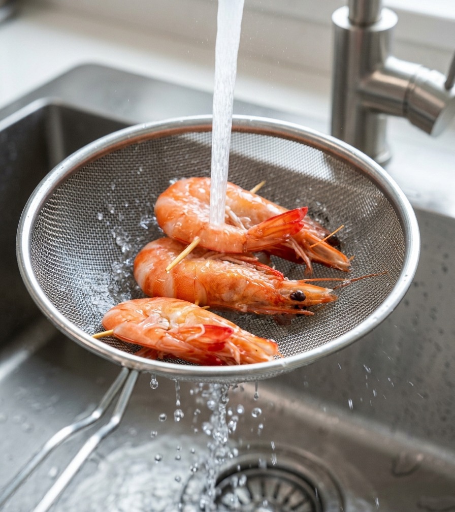 Gekochte orangefarbene Garnelen werden in einem Sieb unter fließendem kaltem Wasser abgespült.