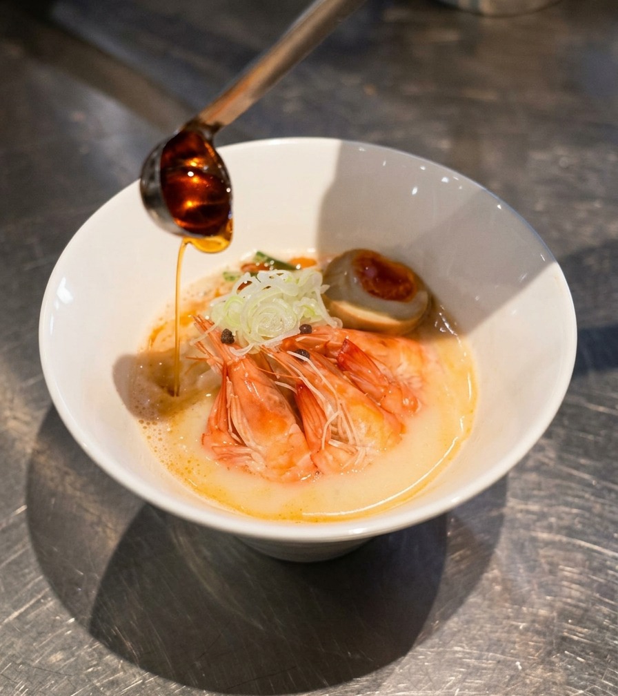 Eine Kelle gießt rötliches Öl über die fertigen Ramen in der Schüssel.