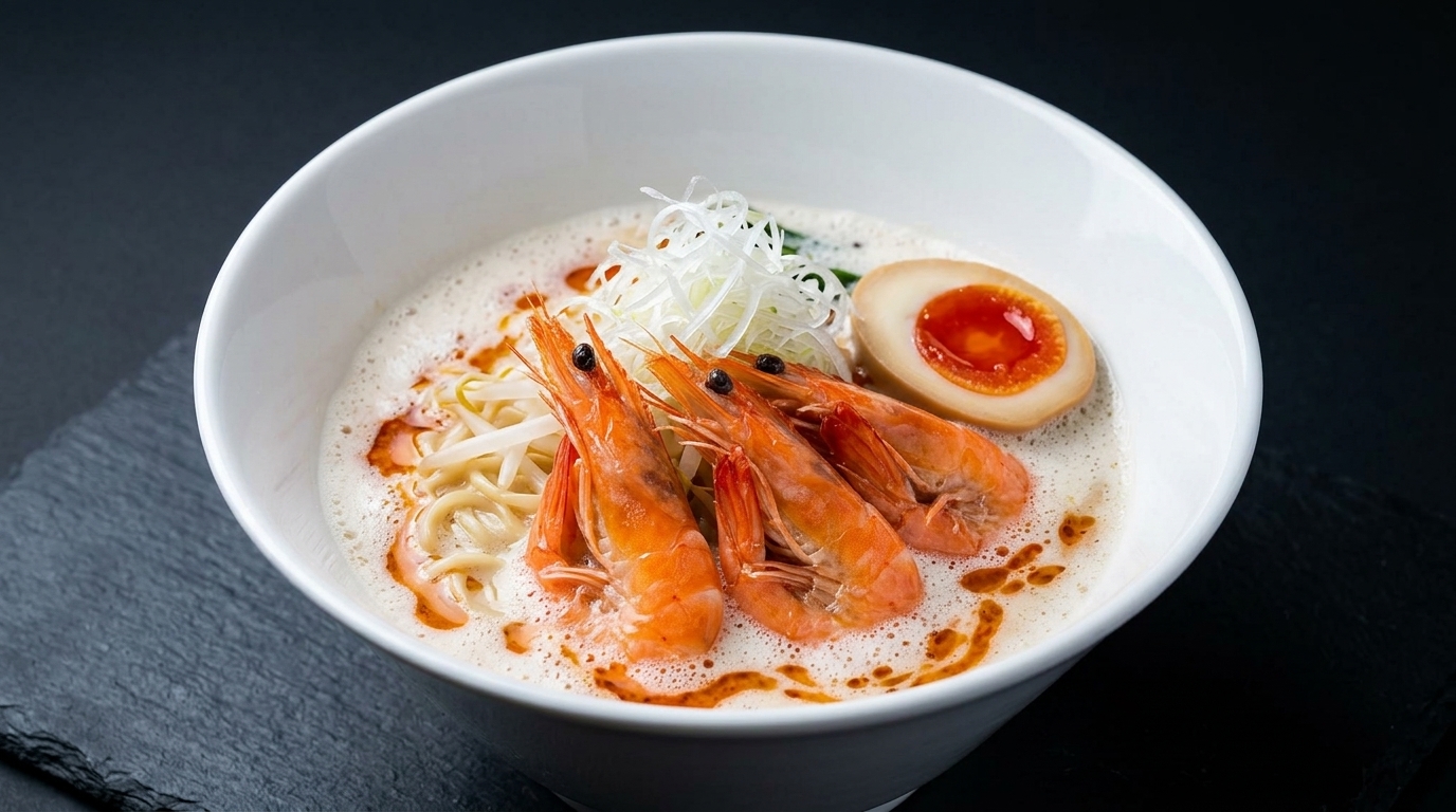 Cremige Ebi Tori Paitan Ramen mit Garnelen & Huhn