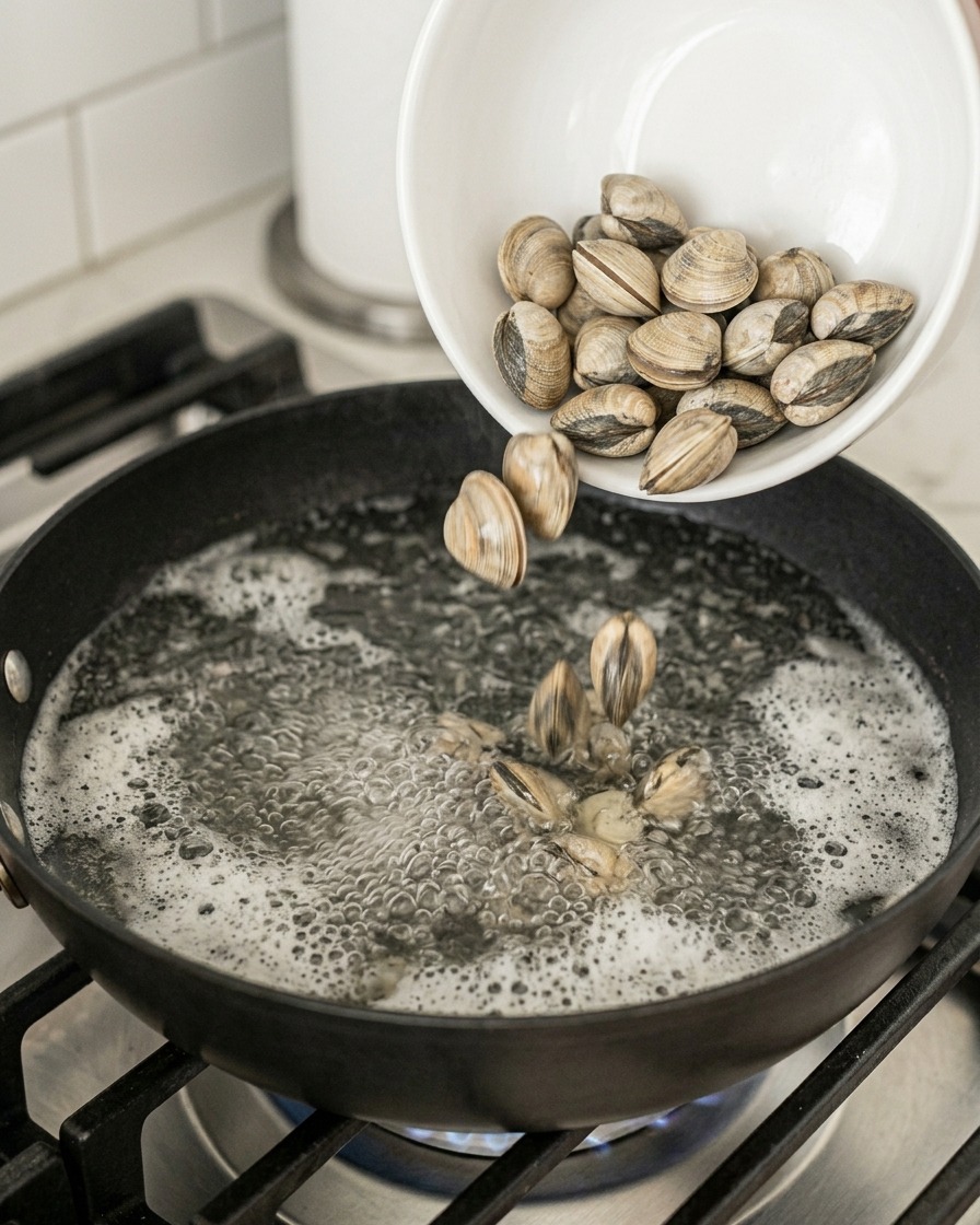 Frische Muscheln werden aus einer Schüssel in die kochende Pfanne auf dem Herd gegeben.
