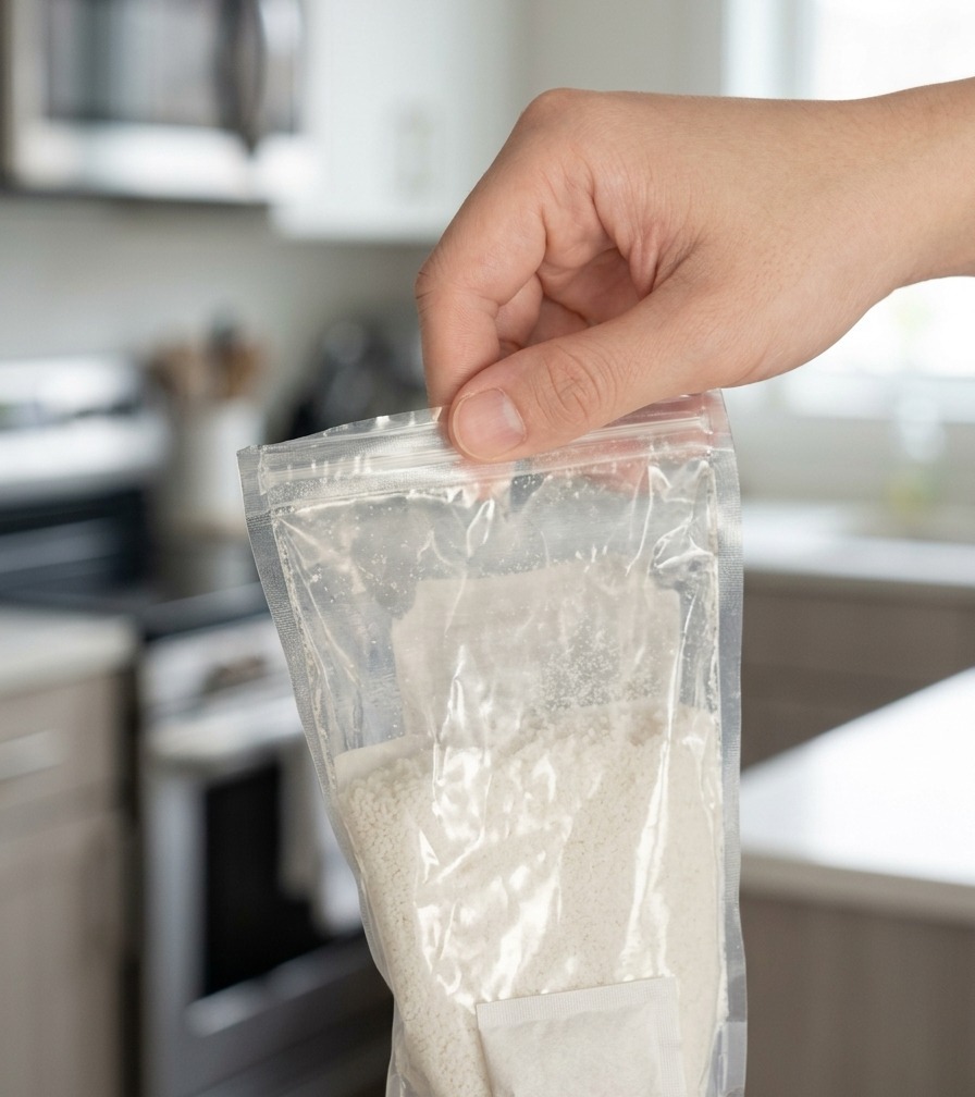 Eine Hand hält ein Päckchen mit japanischem Dashi-Würzpulver über die Arbeitsfläche.