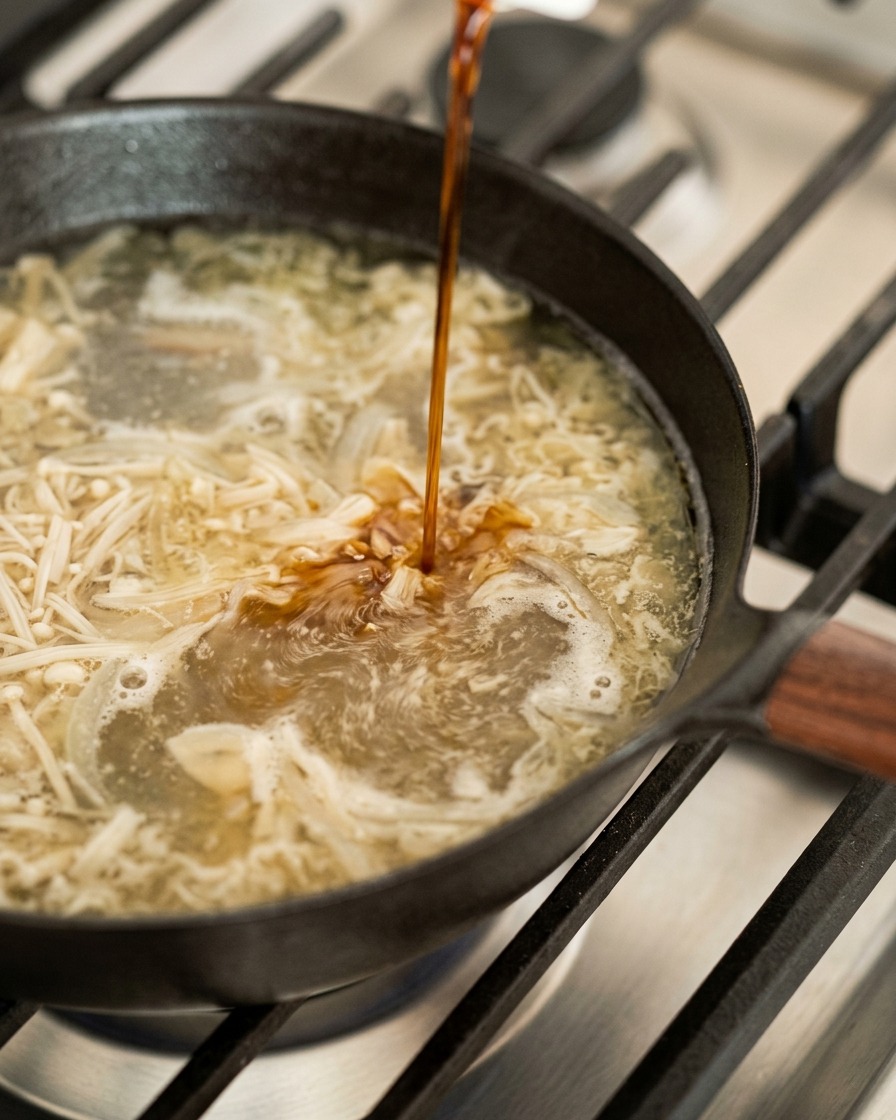 Ein Strahl dunkle Sojasauce wird in die köchelnde Brühe mit Lauch und Knoblauch gegossen.