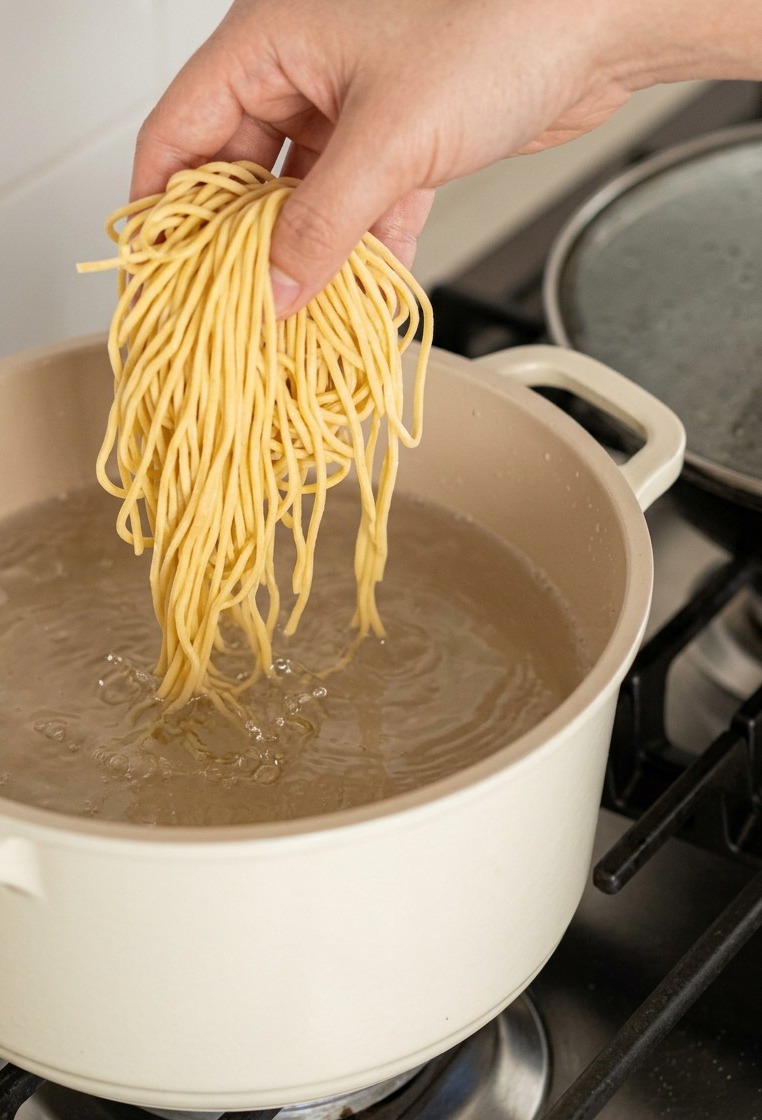 Frische Ramen-Nudeln werden in einen Topf mit kochendem Wasser gegeben.