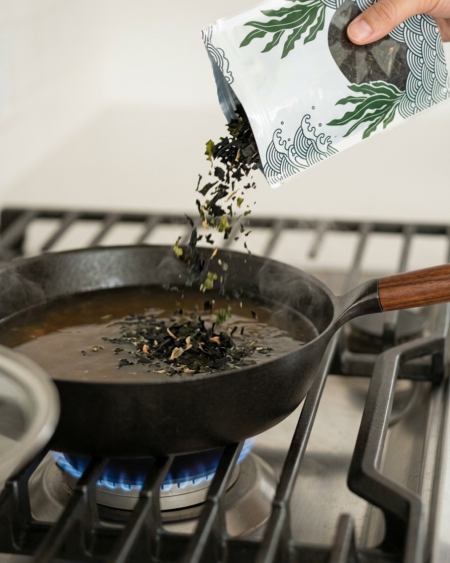 Getrocknete Wakame-Algen werden in die köchelnde Brühe gestreut.