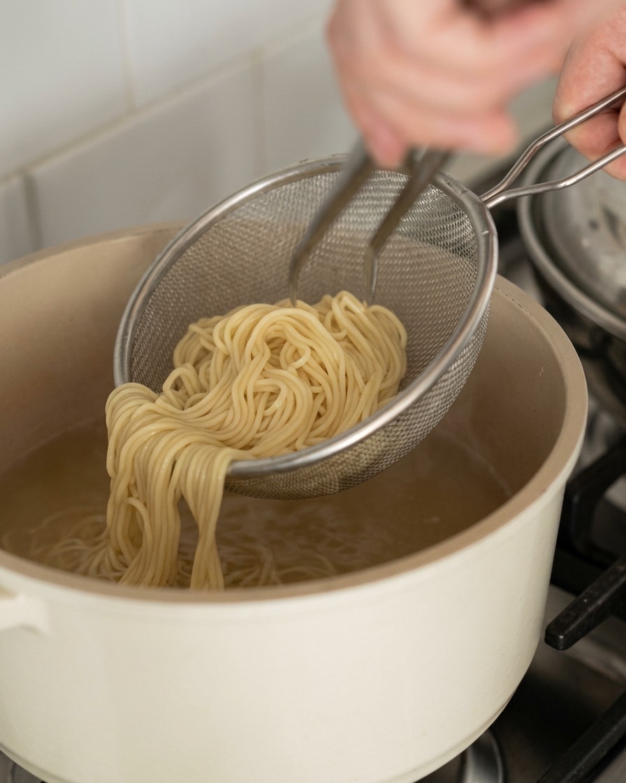 Ein Sieb hebt die fertig gekochten Ramen-Nudeln aus dem Kochtopf.