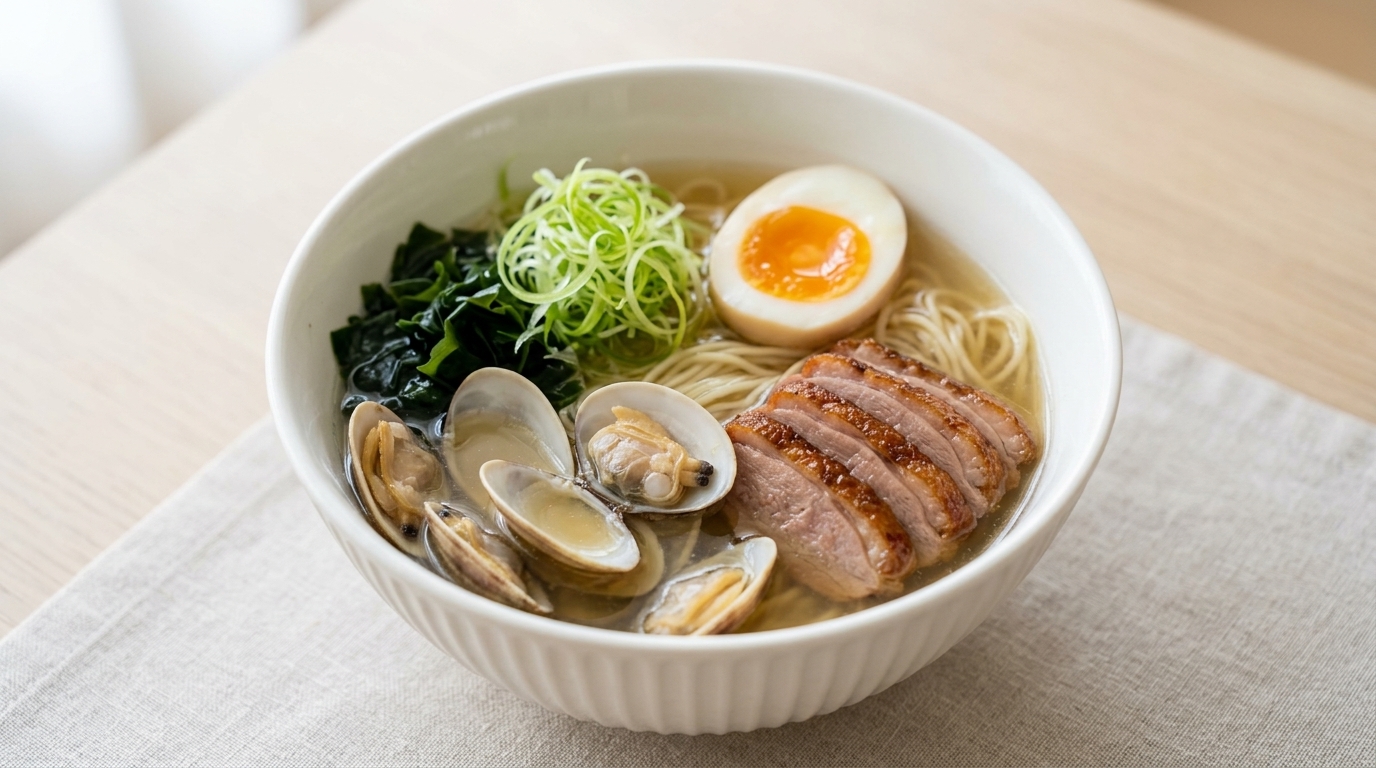 Hausgemachtes Clam Shio Ramen mit kross gebratener Ente