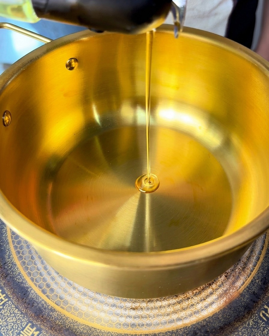 Ein dünner Strahl gelben Öls wird in einen sauberen, goldenen Kochtopf gegossen.