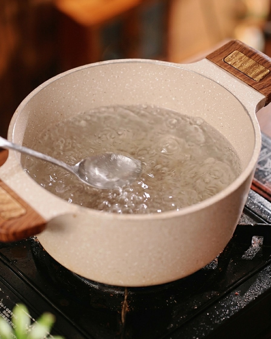 Ein Topf mit kochendem Wasser auf dem Herd, das vor der Zugabe der Pasta mit Salz und Öl gewürzt wird.