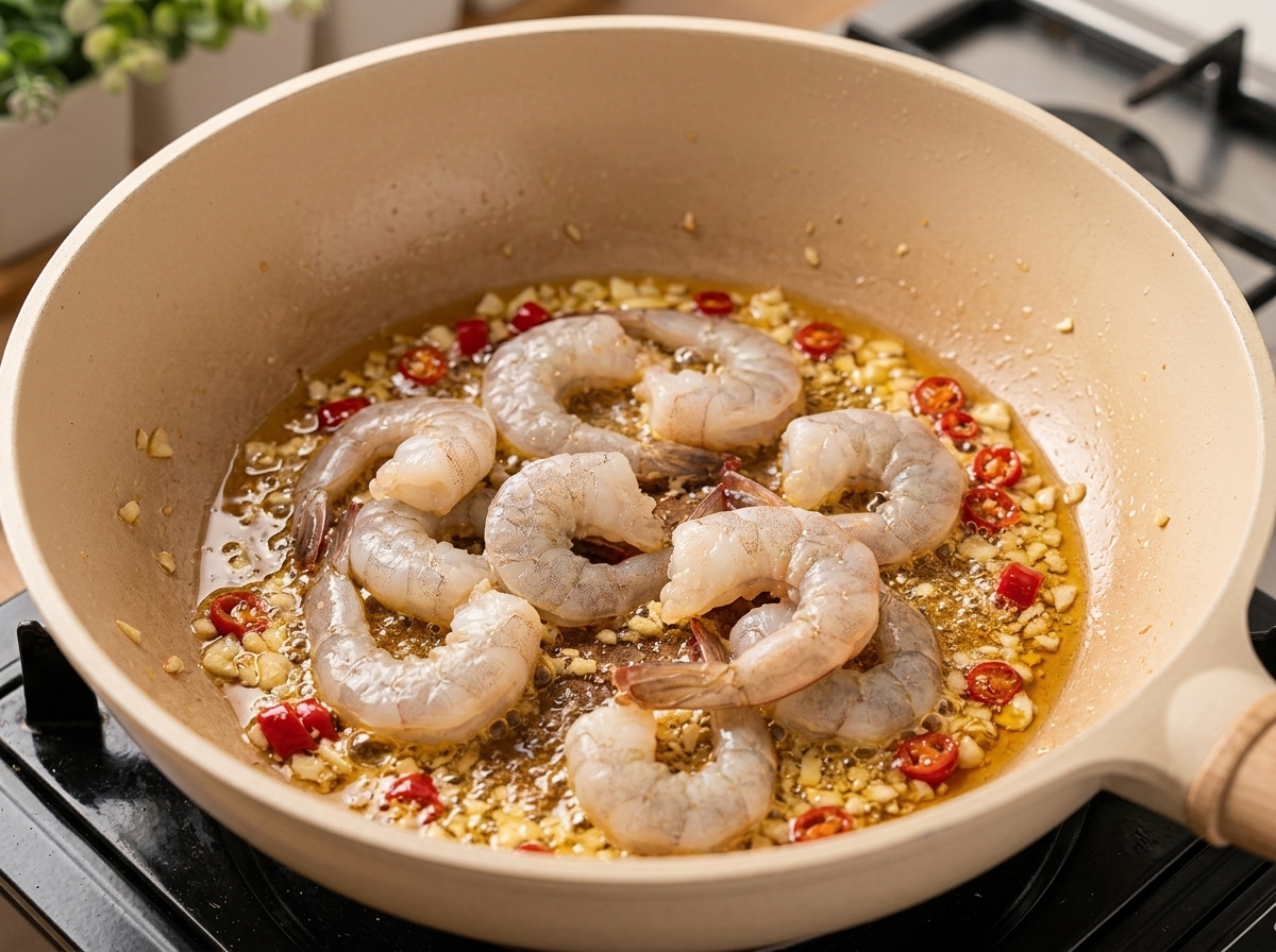 Rohe, entdarmte Garnelen werden zu den Zwiebeln und Chilis in die Pfanne gegeben.