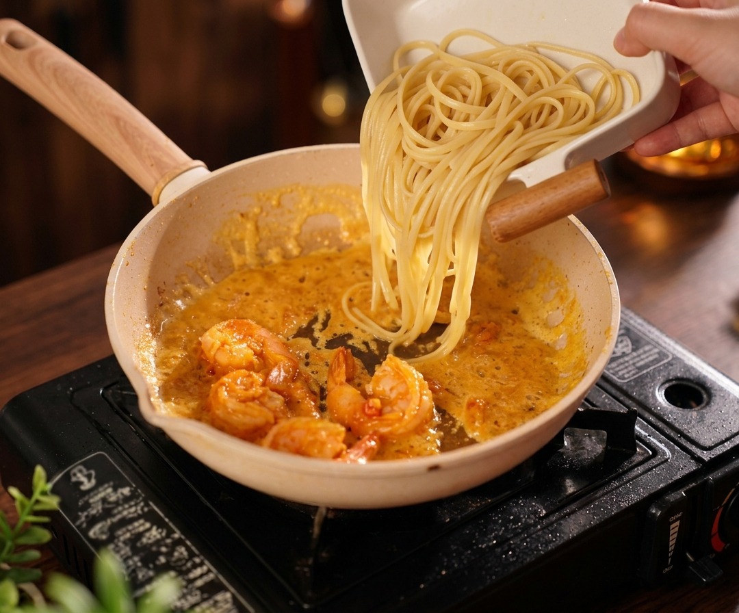 Gekochte Spaghetti werden aus einer weißen Schale in eine Pfanne mit Garnelen und dicker goldener Sauce gegeben.